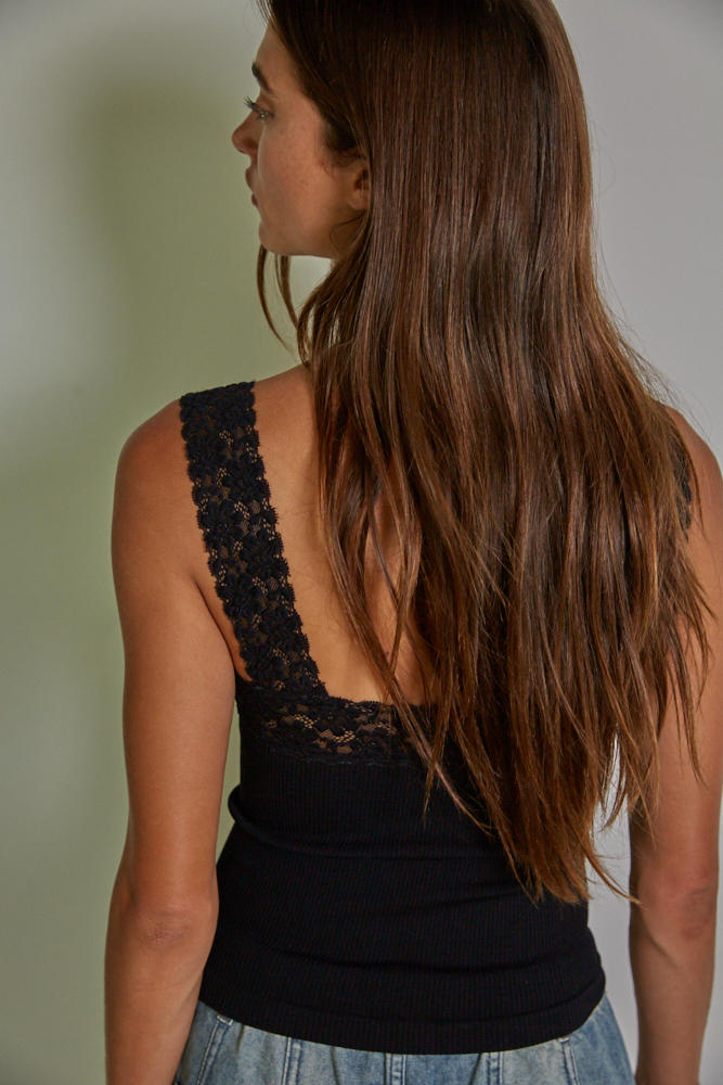 Lace Trim Ribbed Tank (black)