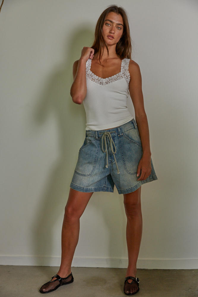 Lace Trim Ribbed Tank (White)